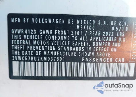 2019 Volkswagen Jetta 1.4T R-Line/1.4T S/1.4T Se из США, поврежденный, VIN 3VWC57BU2KM037801